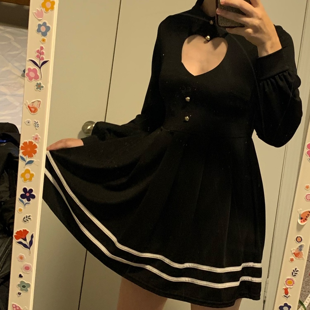 Cutesy Black Long Sleeve Dress with White Trim